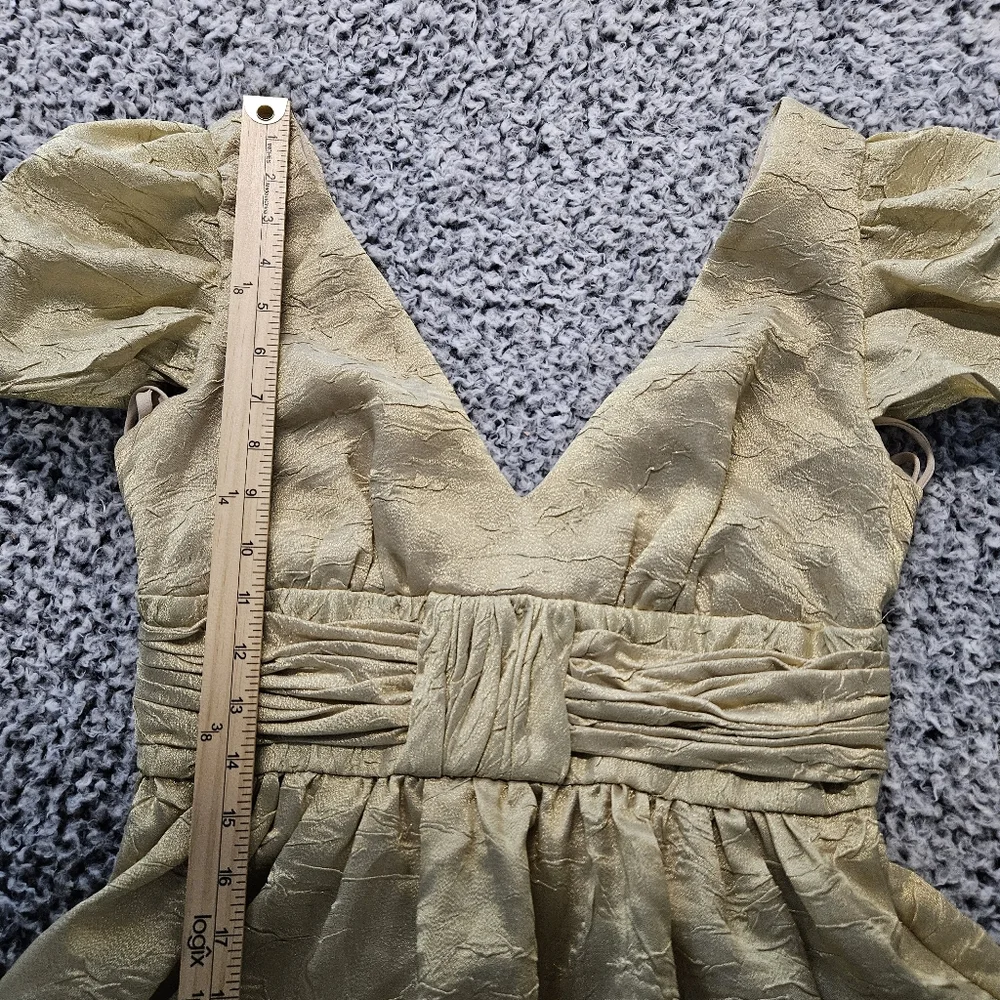 Basix II Gold Mini Dress Sz 4 Small Puff Sleeve Coquette Victorian Wedding Party - Picture 11 of 12